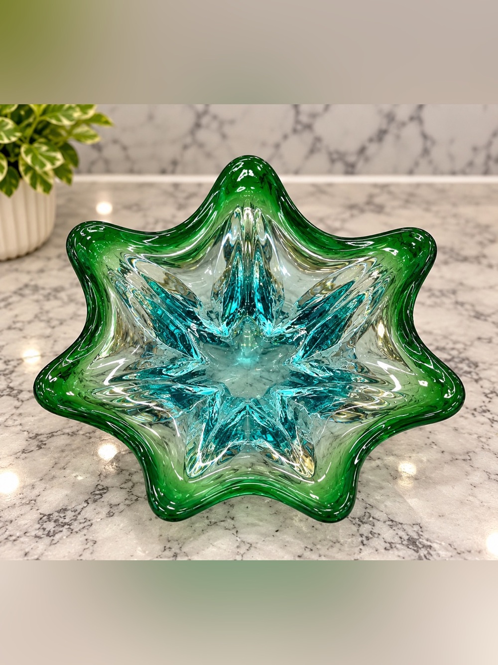 Vintage Murano Italian Art Glass Blue Green Flower Shape Candy Trinket Bowl MCM